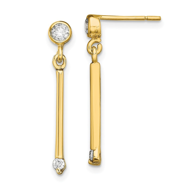 Sterling Silver Gold-Tone Polished Bar W/ Cz Post Dangle Earrings