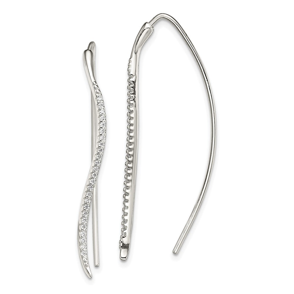 Sterling Silver Polished Cz Curved Bar Threader Earrings