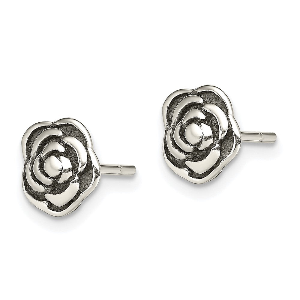 Sterling Silver Antiqued Rose Post Earrings