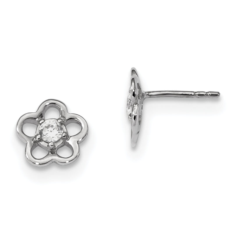 Sterling Silver Rhodium-Plated Polished W/Cz Flower Post Earrings