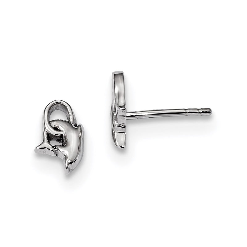 Sterling Silver Rhodium-Plated Dolphin Diving Hoop Post Earrings