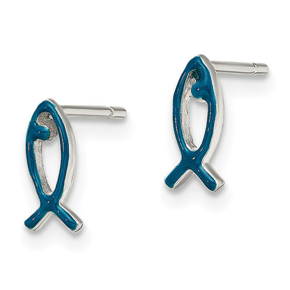 Sterling Silver Polished Enameled Icthus Fish Post Earrings