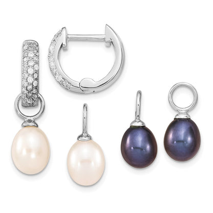Sterling Silver Rh 7-8mm Wte/Blk Fwc Pearl Cz Changeable Earring