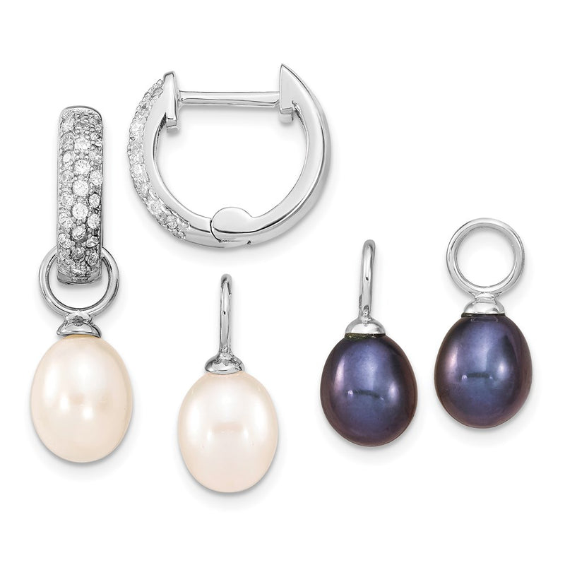 Sterling Silver Rh 7-8mm Wte/Blk Fwc Pearl Cz Changeable Earring