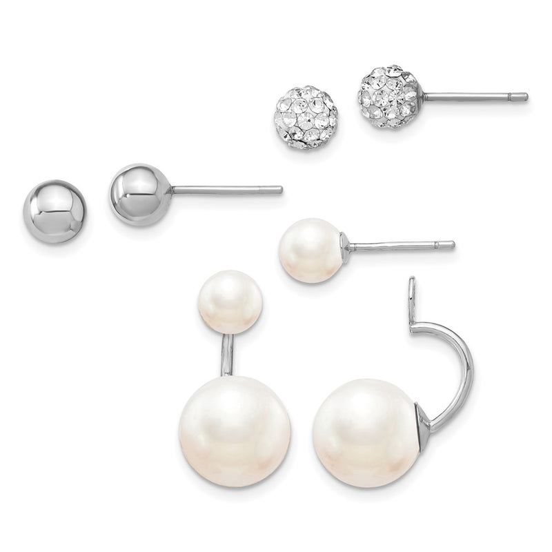 Sterling Silver Rhodium-Plated Set Of 3 Mop/Crystal Front Back Earrings