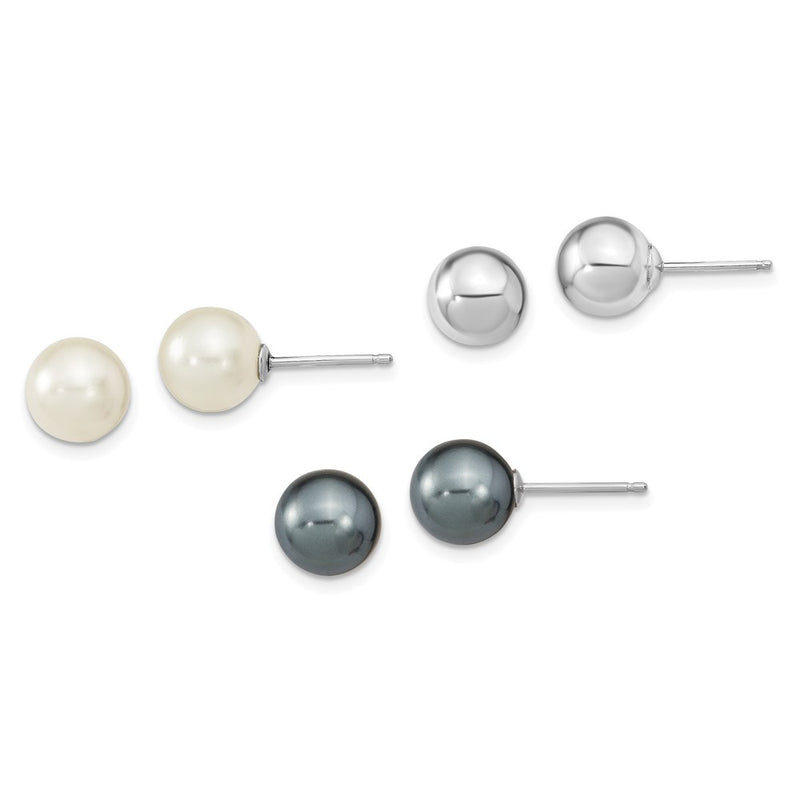 Sterling Silver Rh-Pl 8-9mm Wht/Blk Imitat Shell Pearl Post 3 Earring Set