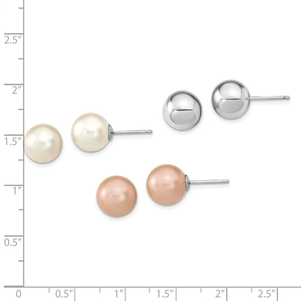 Sterling Silver Rh-Pl 10-11mm Wht/Pink Imitation Shell Pearl 3 Earring Set