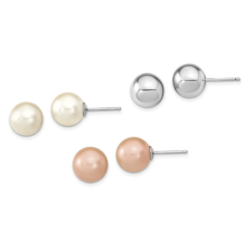 Sterling Silver Rh-Pl 10-11mm Wht/Pink Imitation Shell Pearl 3 Earring Set