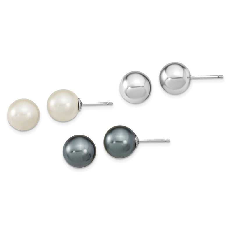 Sterling Silver Set Of Three 10mm To 11mm Rhodium-Plated Silver, White And Grey Imitation Shell Pearl Earrings