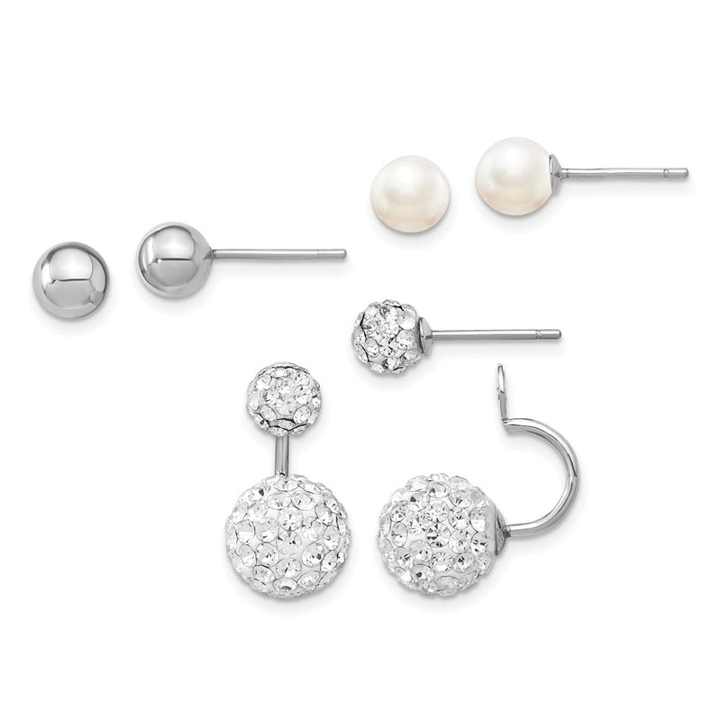 Sterling Silver Rh 3 Pair Mop & Crystal Front Dangle Back Earring Set
