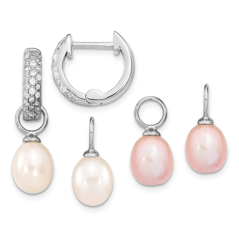 Sterling Silver Rh 7-8mm Wht/Pk Fwc Pearl Cz Changeable Earring