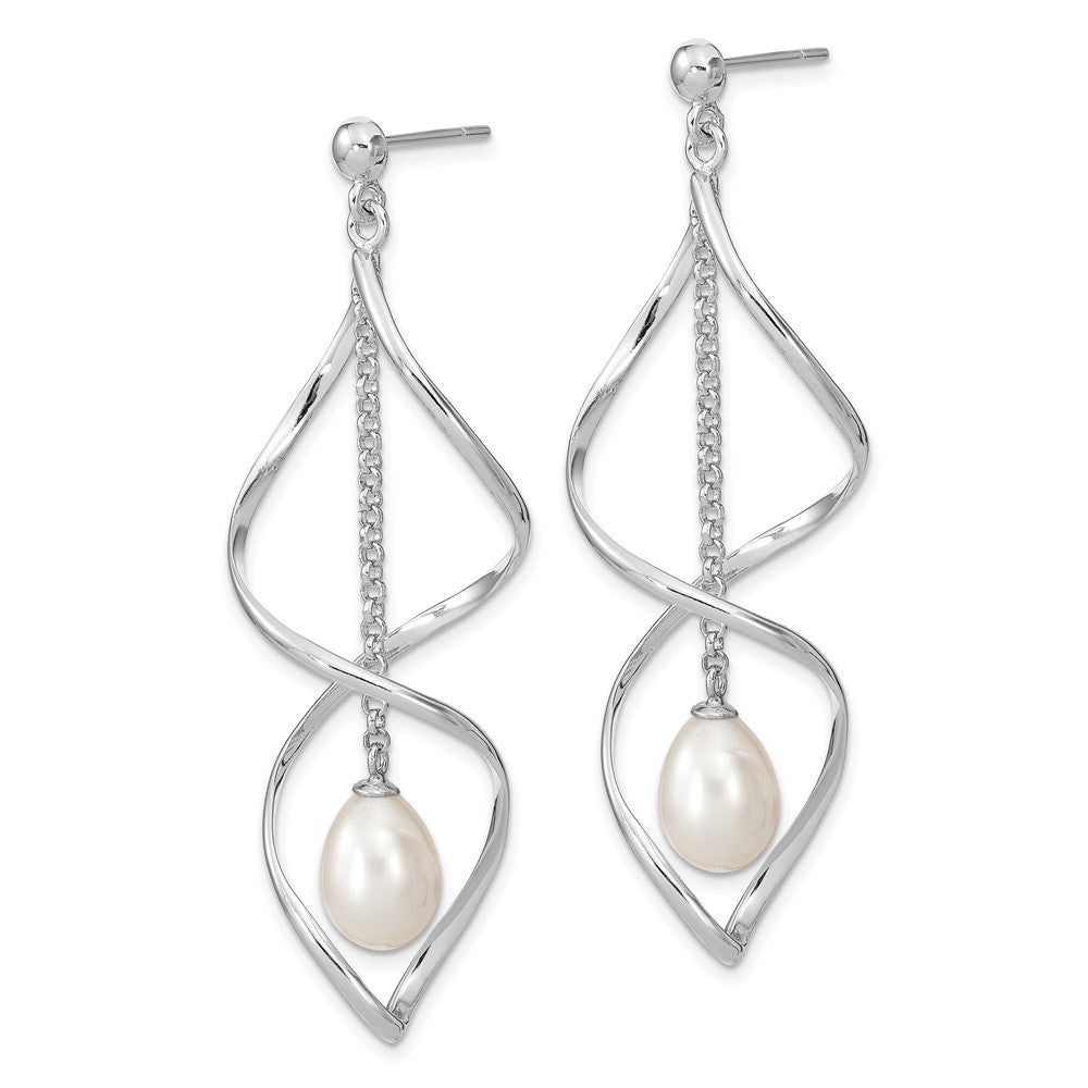 Sterling Silver Rhodium-Plated 7-8mm White Rice Freshwater Cultured Pearl Post Dangle Earring