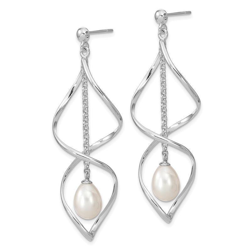 Sterling Silver Rhodium-Plated 7-8mm White Rice Freshwater Cultured Pearl Post Dangle Earring
