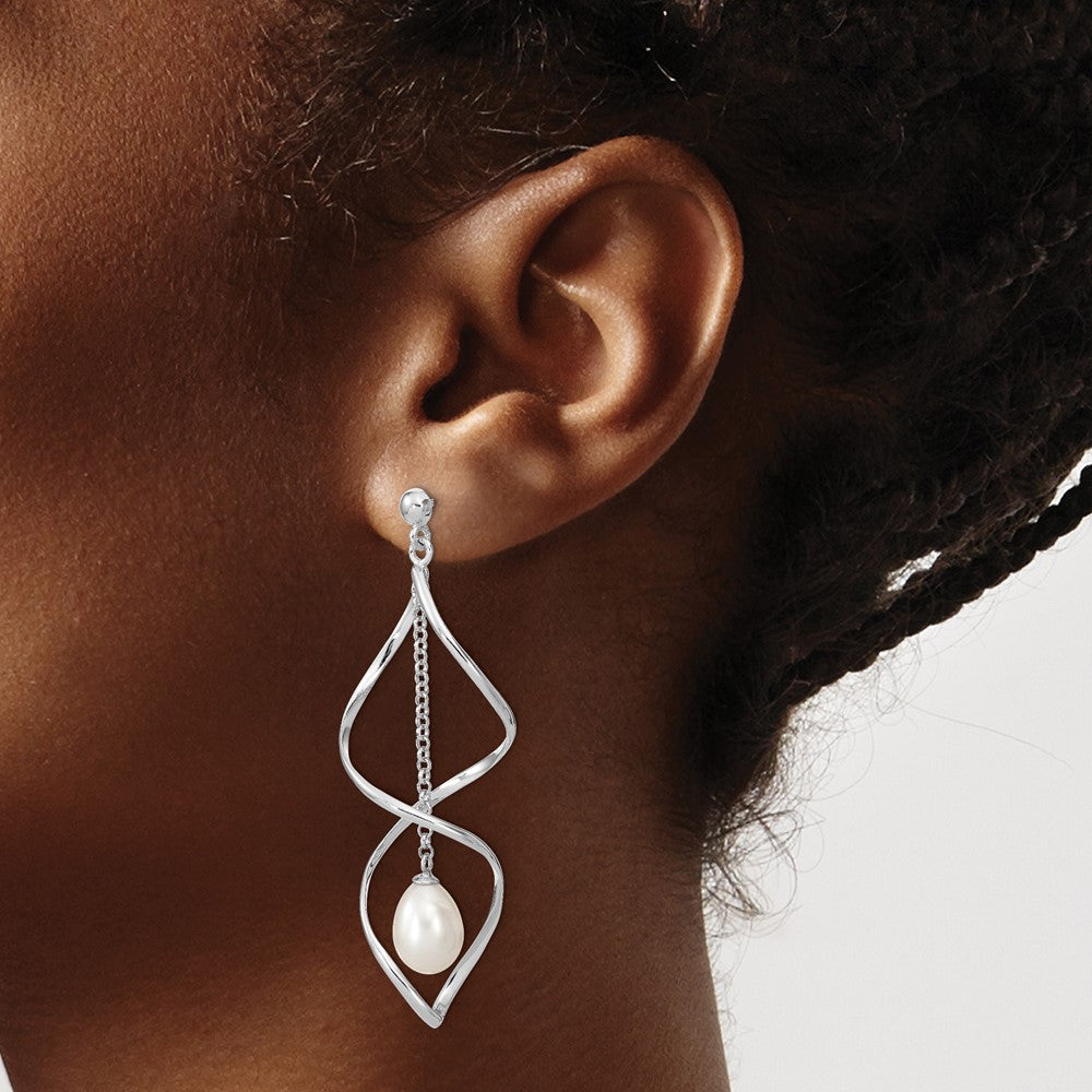 Sterling Silver Rhodium-Plated 7-8mm White Rice Freshwater Cultured Pearl Post Dangle Earring