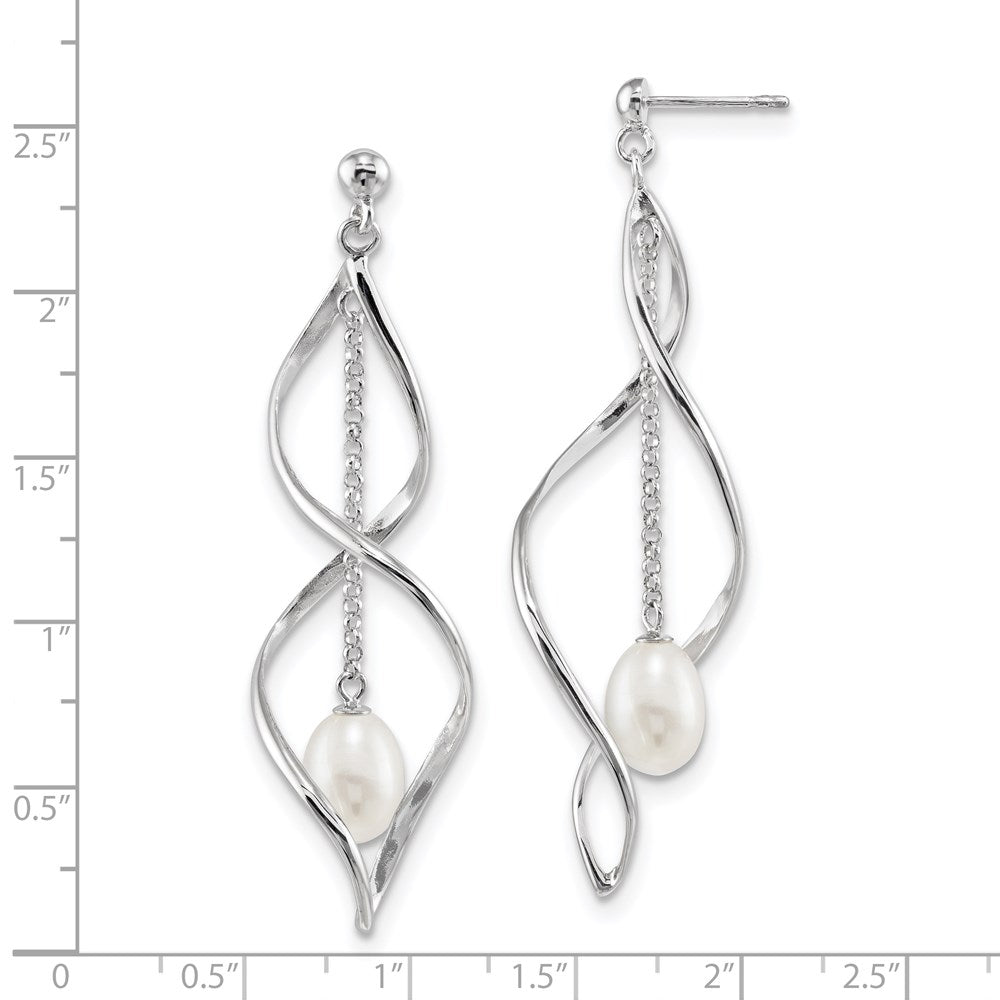 Sterling Silver Rhodium-Plated 7-8mm White Rice Freshwater Cultured Pearl Post Dangle Earring