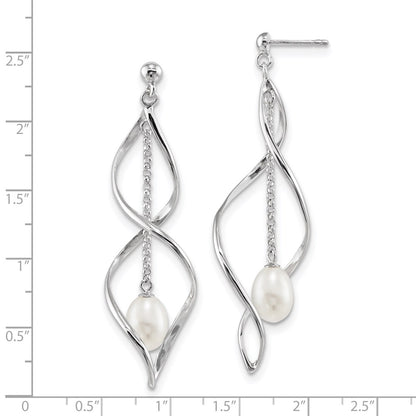 Sterling Silver Rhodium-Plated 7-8mm White Rice Freshwater Cultured Pearl Post Dangle Earring