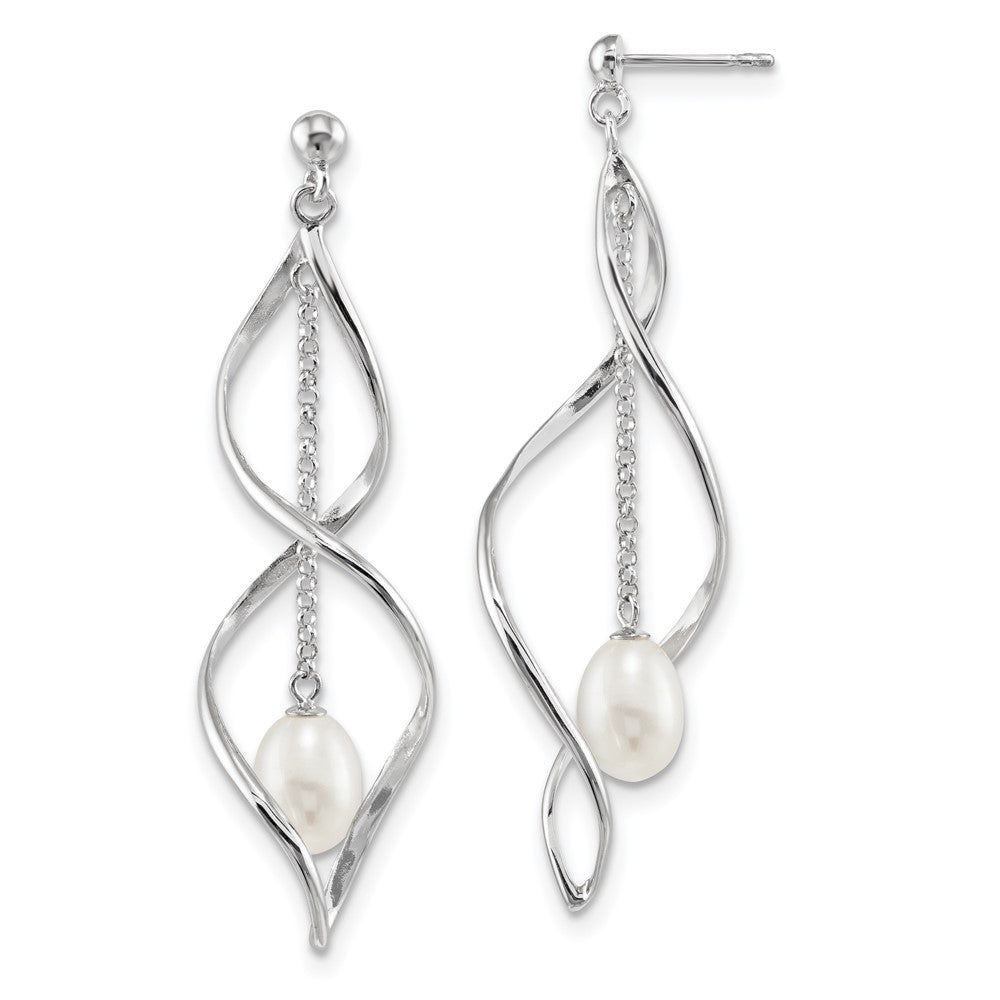 Sterling Silver Rhodium-Plated 7-8mm White Rice Freshwater Cultured Pearl Post Dangle Earring