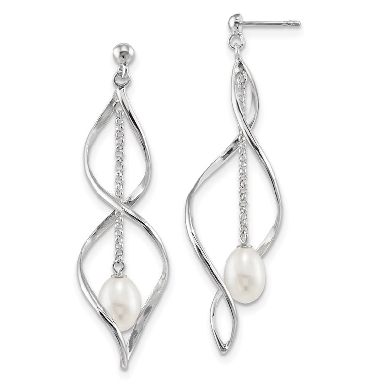 Sterling Silver Rhodium-Plated 7-8mm White Rice Freshwater Cultured Pearl Post Dangle Earring