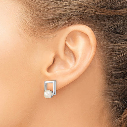 Sterling Silver Rhodium-Plated 6-7mm Button Fwc Pearl Square Post Earrings