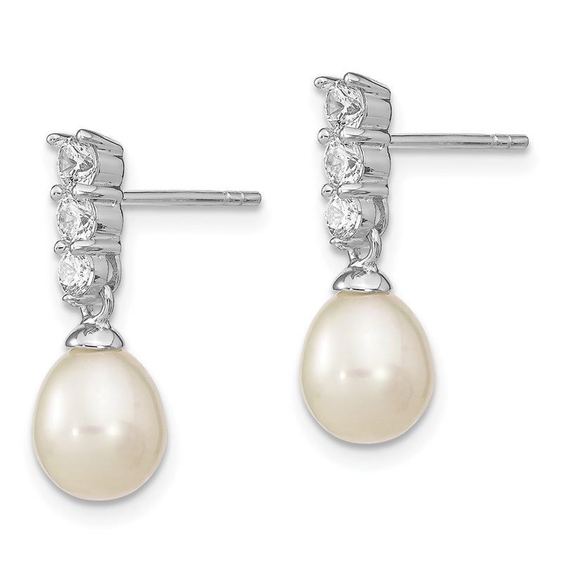 Sterling Silver Rhodium-Plated 7-8mm White Fwc Pearl Cz Post Earrings