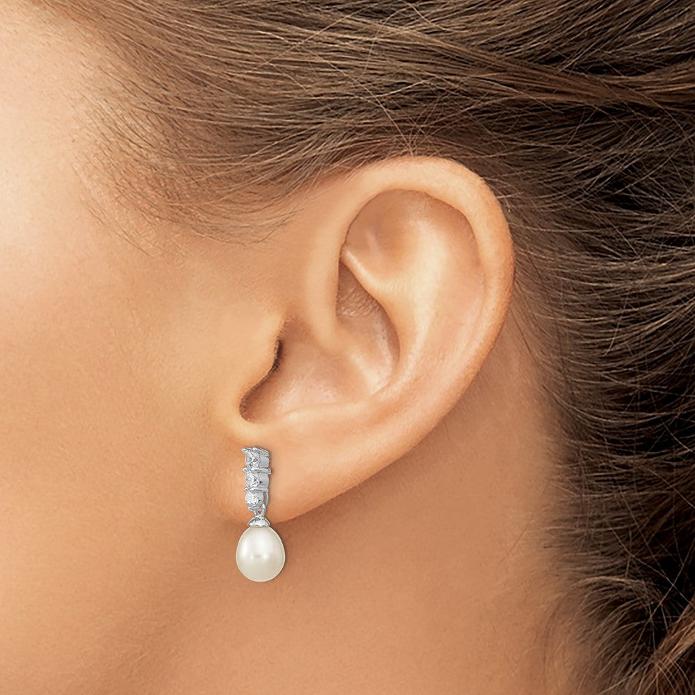 Sterling Silver Rhodium-Plated 7-8mm White Fwc Pearl Cz Post Earrings