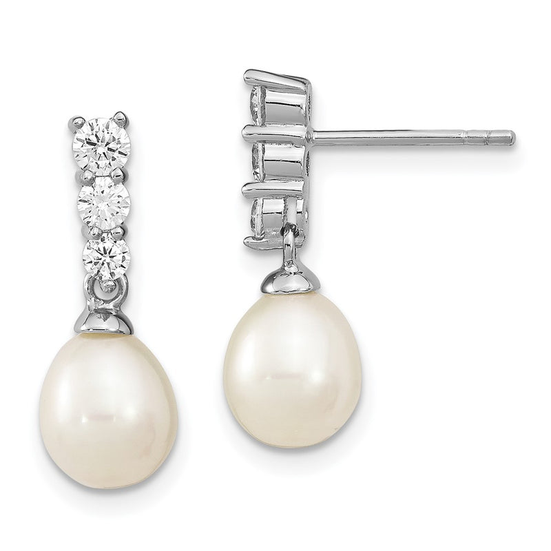 Sterling Silver Rhodium-Plated 7-8mm White Fwc Pearl Cz Post Earrings