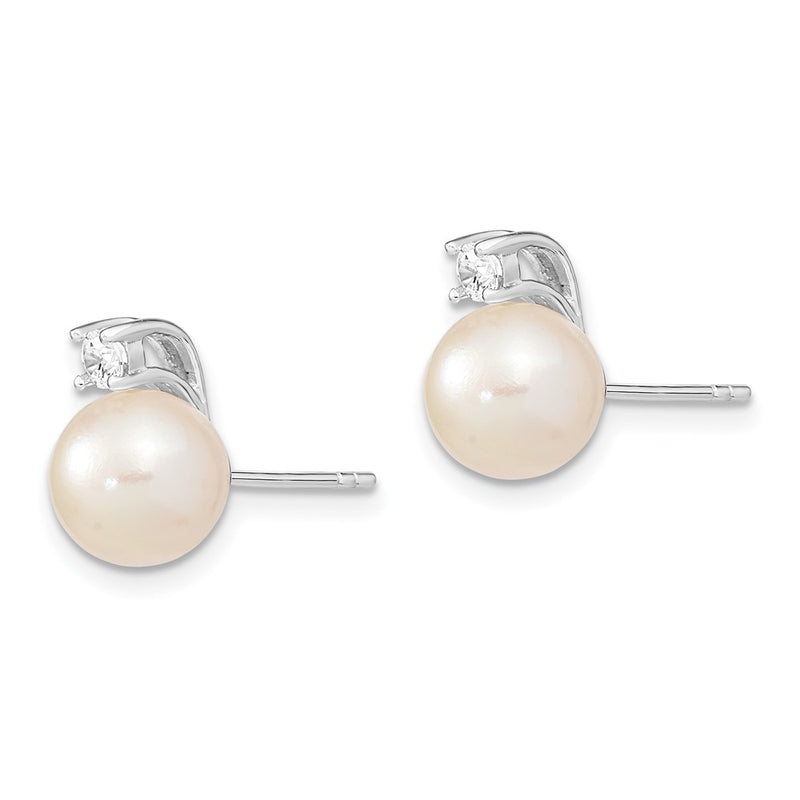 Sterling Silver Rh-Plated 8-9mm White Semi-Round Fwc Pearl Cz Post Earrings