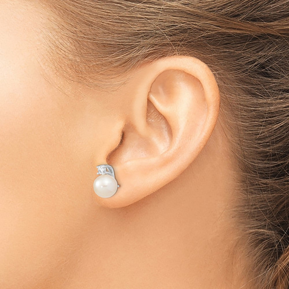 Sterling Silver Rh-Plated 8-9mm White Semi-Round Fwc Pearl Cz Post Earrings