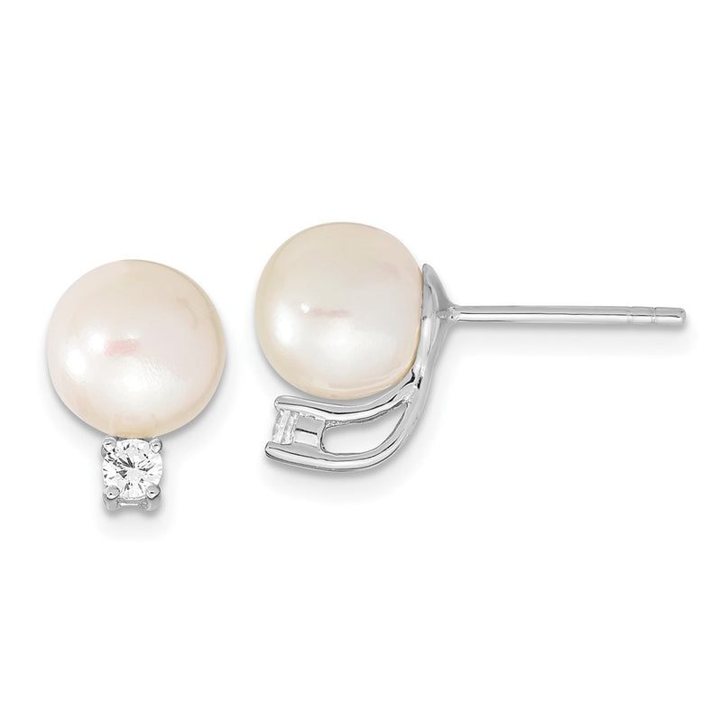 Sterling Silver Rh-Plated 8-9mm White Semi-Round Fwc Pearl Cz Post Earrings