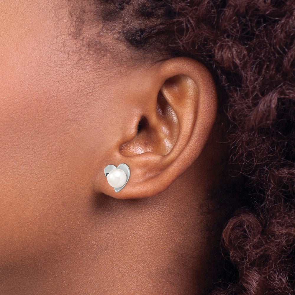 Sterling Silver Rh 7-8mm White Button Fwc Pearl Post Earrings