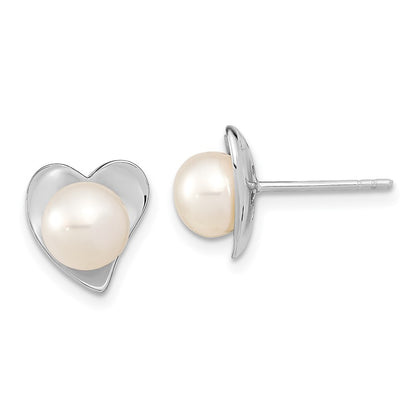 Sterling Silver Rh 7-8mm White Button Fwc Pearl Post Earrings
