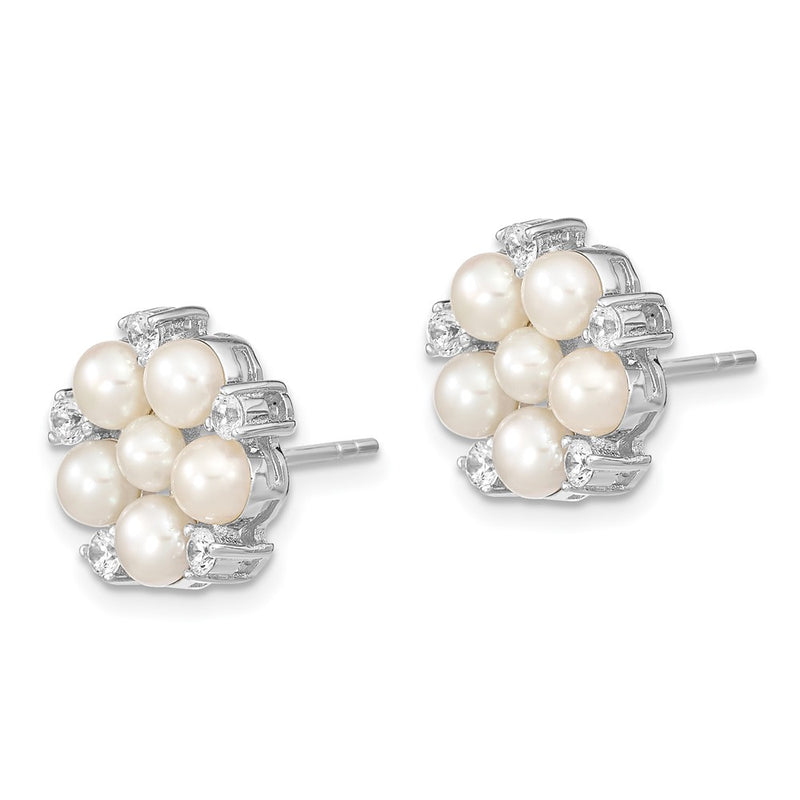 Sterling Silver Rh 3-5mm White Button Fwc Pearl Cz Post Earrings