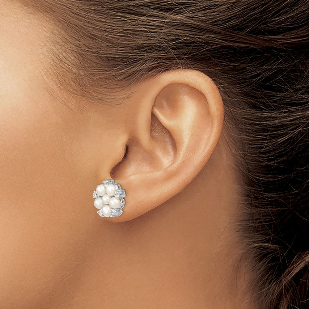 Sterling Silver Rh 3-5mm White Button Fwc Pearl Cz Post Earrings
