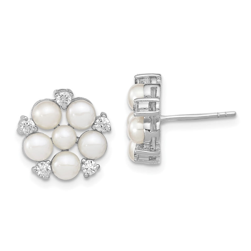 Sterling Silver Rh 3-5mm White Button Fwc Pearl Cz Post Earrings