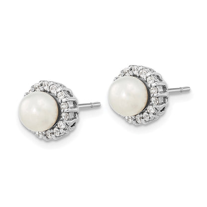Sterling Silver Rhodium-Plated Cz Synthetic Pearl Post Earrings