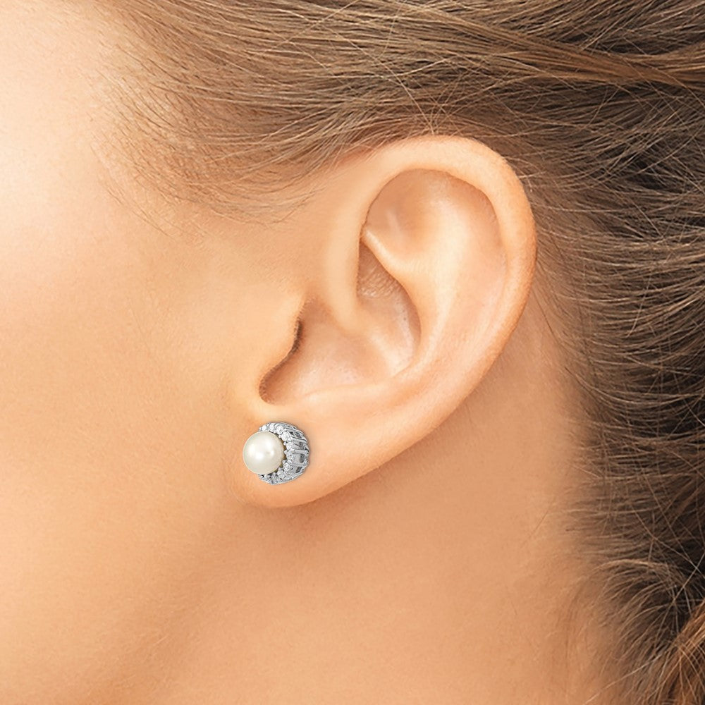 Sterling Silver Rhodium-Plated Cz Synthetic Pearl Post Earrings