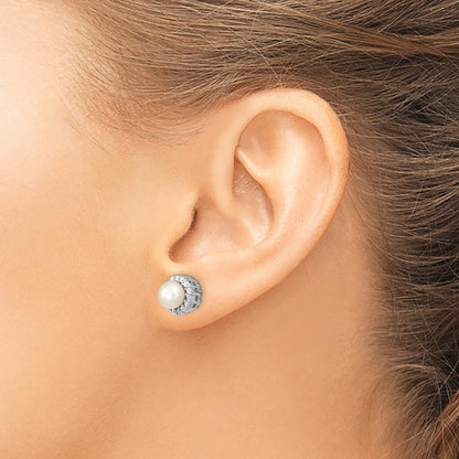 Sterling Silver Rhodium-Plated Cz Synthetic Pearl Post Earrings