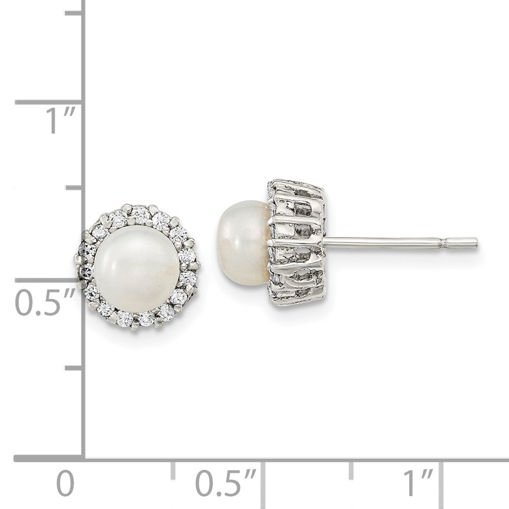 Sterling Silver Rhodium-Plated Cz Synthetic Pearl Post Earrings
