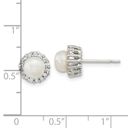 Sterling Silver Rhodium-Plated Cz Synthetic Pearl Post Earrings