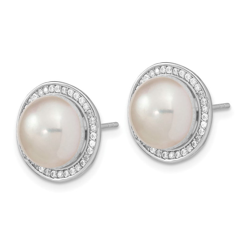 Sterling Silver Rh 10-11mm Button Fwc Pearl Cz Post Earrings
