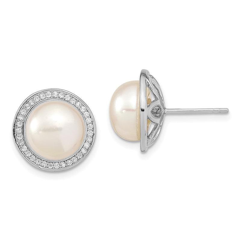 Sterling Silver Rh 10-11mm Button Fwc Pearl Cz Post Earrings