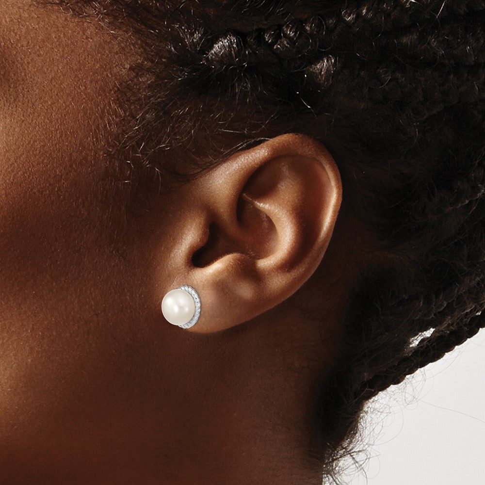 Sterling Silver Rh 8-9mm White Button Fwc Pearl Post Earrings