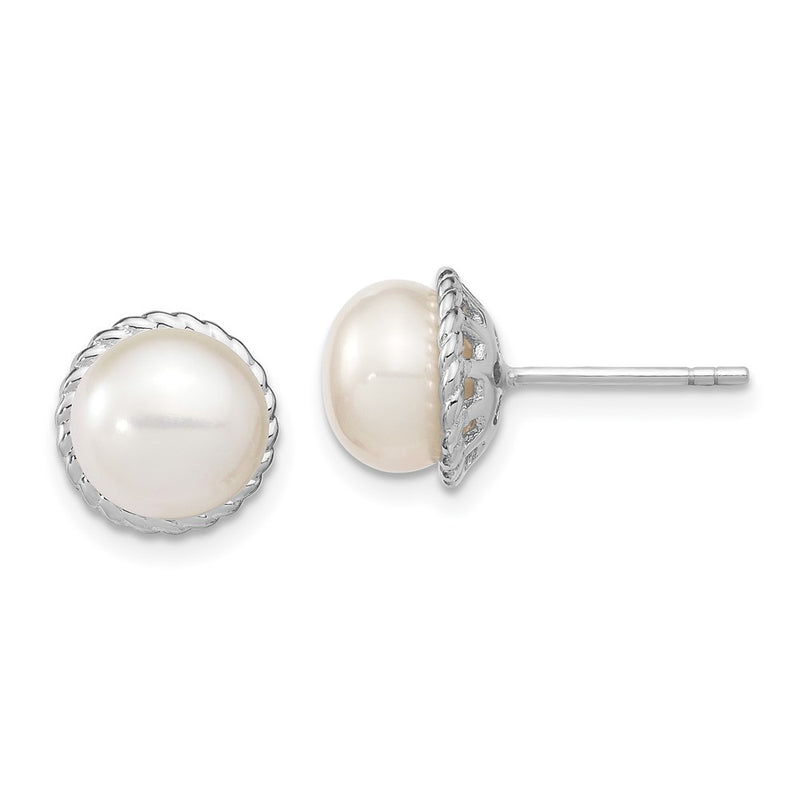 Sterling Silver Rh 8-9mm White Button Fwc Pearl Post Earrings