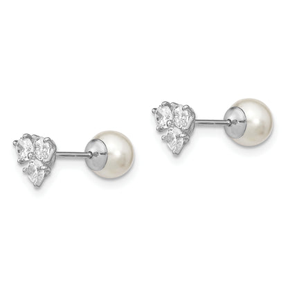 Sterling Silver Rhodium-Plated Polished White 5-6mm Imitation Shell Pearl & Cz Reversible Post Earrings