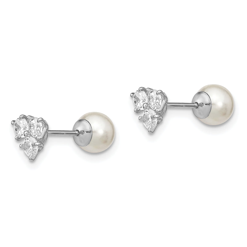Sterling Silver Rhodium-Plated Polished White 5-6mm Imitation Shell Pearl & Cz Reversible Post Earrings