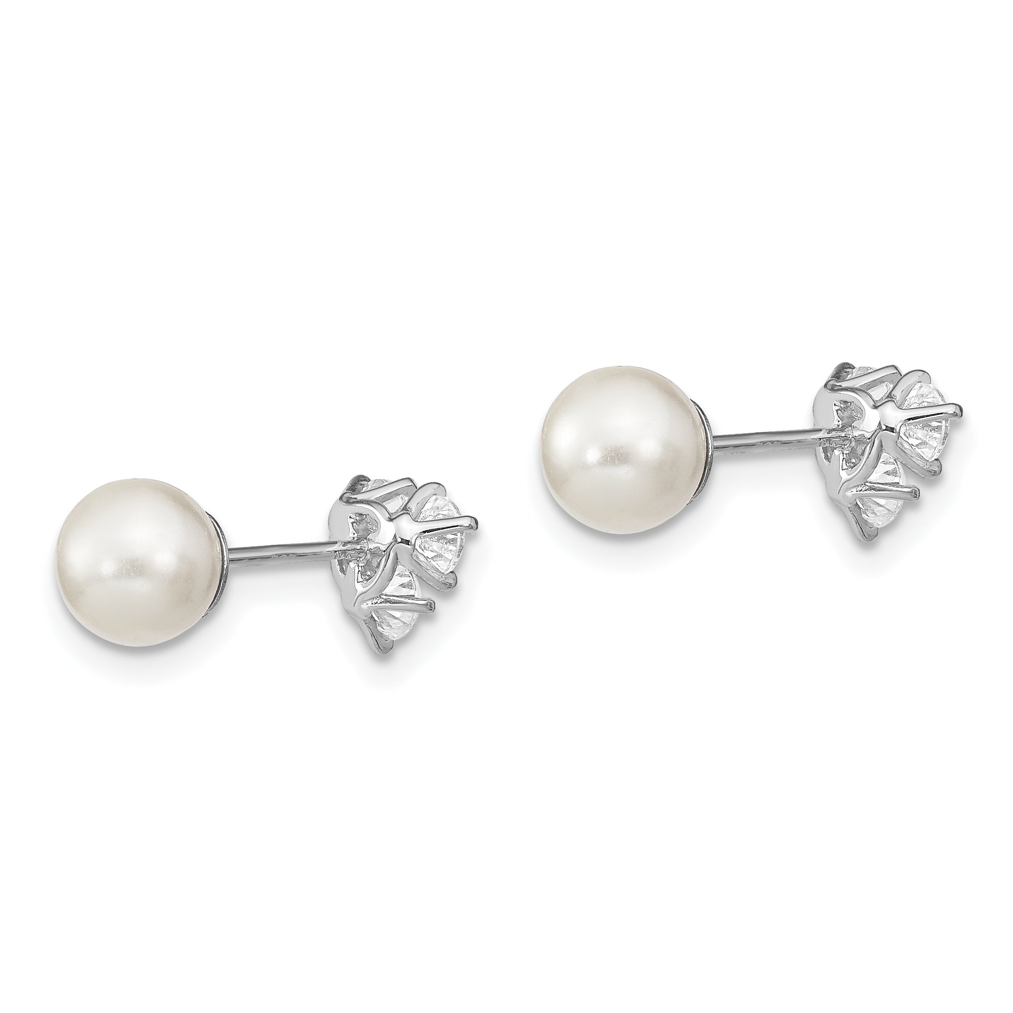 Sterling Silver Rhodium-Plated Polished White 5-6mm Imitation Shell Pearl & Cz Reversible Post Earrings