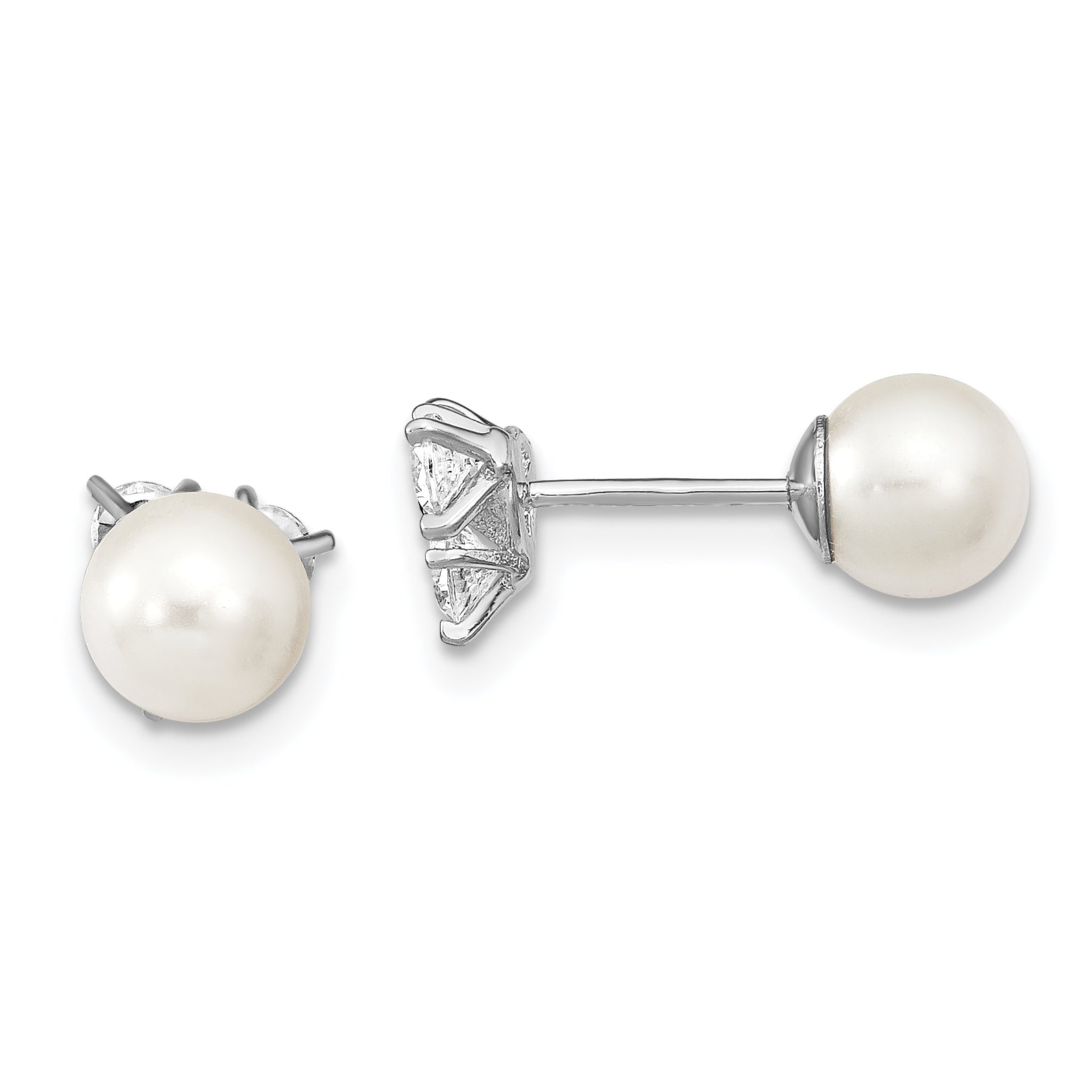 Sterling Silver Rhodium-Plated Polished White 5-6mm Imitation Shell Pearl & Cz Reversible Post Earrings