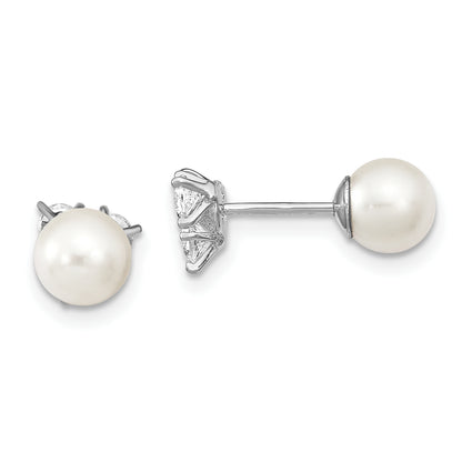 Sterling Silver Rhodium-Plated Polished White 5-6mm Imitation Shell Pearl & Cz Reversible Post Earrings