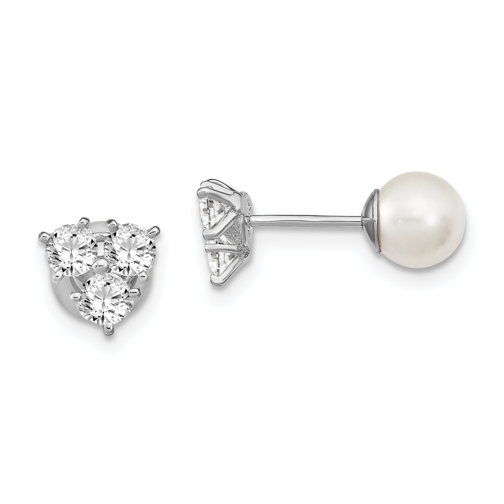Sterling Silver Rhodium-Plated Polished White 5-6mm Imitation Shell Pearl & Cz Reversible Post Earrings
