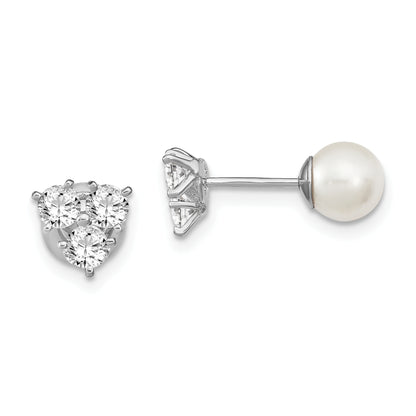 Sterling Silver Rhodium-Plated Polished White 5-6mm Imitation Shell Pearl & Cz Reversible Post Earrings